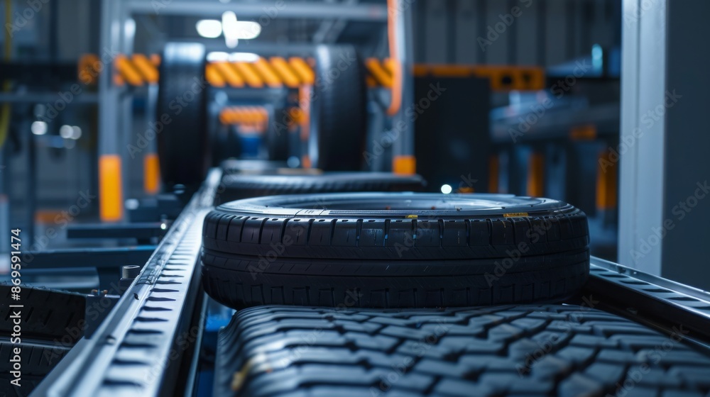 Aufkleber a close-up view of a tire moving along a conveyor belt in a factory setting. the tire is in focus, w