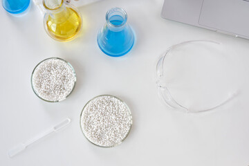 Top view a workplace of a chemist scientist in a scientific laboratory.