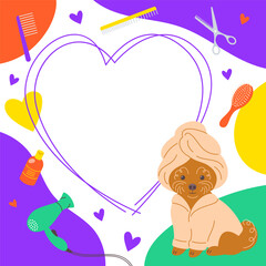 Pet grooming salon social media post template with cute poodle dog in a bathrobe and towel as well as some groomer tools. Square frame for text promotion. Adorable doodle hand drawn vivid illustration