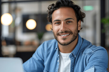 Obraz premium Smiling Arabian Man Working on Laptop in Modern Office, Wearing Blue Shirt and White T-shirt, Looking at Camera