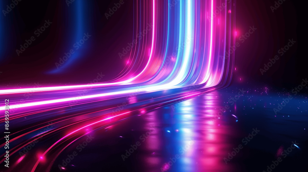 Poster 3d rendering abstract neon background with glowing vertical lines and futuristic design in pink and 