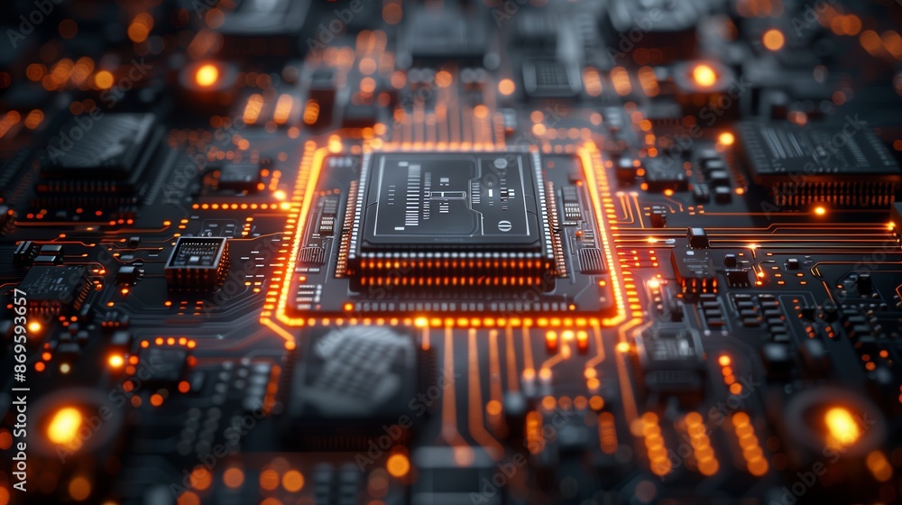 Poster close-up view of a lit microchip on a circuit board