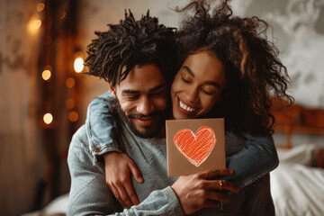 Young African American Couple Hugging with Child's Valentine's Day Card in Bedroom