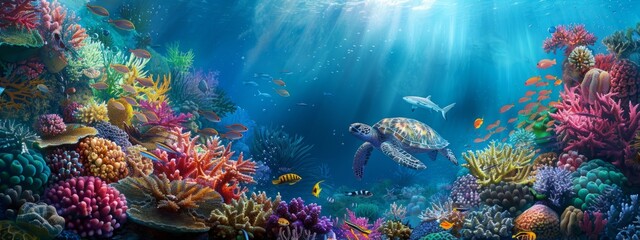 Underwater Oasis: A Super Wide Panorama of Coral Reefs and Thriving Marine Life