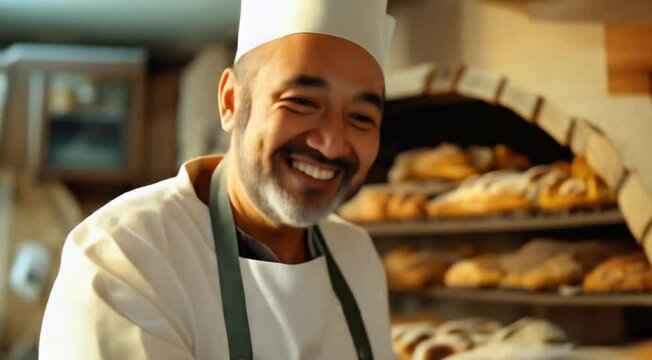 A baker smiling while holding a freshly baked loaf of bread, with shelves of bread in the background