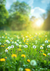 Fototapeta premium Spring Meadow with Green Grass Dandelions and Chamomile under a Sunny Blue Sky