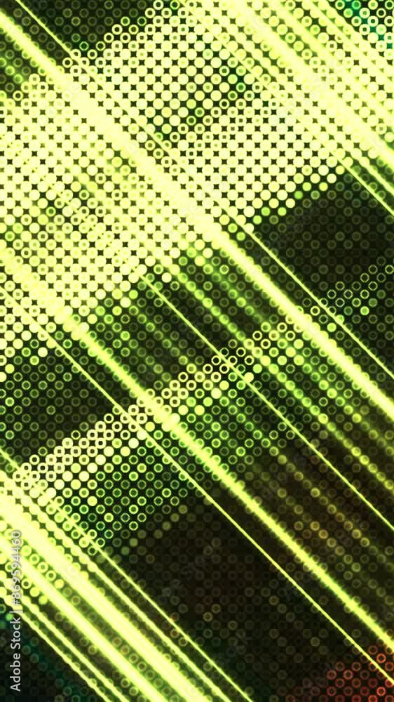 Poster yellow background. motion.bright blots with stripes in the animation that fly in different direction