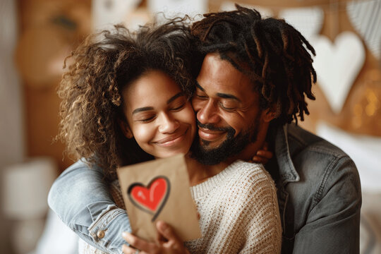 African American Couple Hugging with Valentine's Day Card in Bedroom - Powered by Adobe
