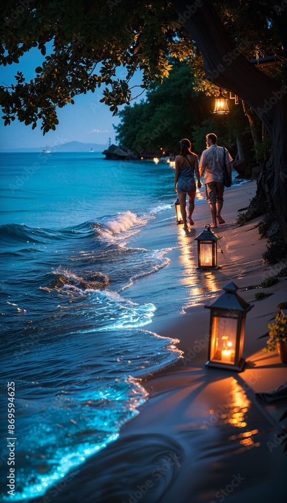 Wall mural a couple of people walking down a beach next to the ocean