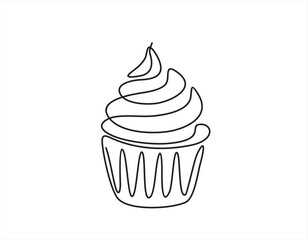 One line continuous muffin cupcake vector drawing. Hand drawn linear silhouette icon. Minimal illustration, design element for print, banner, card, wall art poster, brochure, postcard