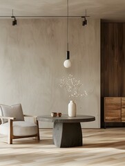 Minimalist and Contemporary Living Room with Sleek Table Mockup in 3D Render