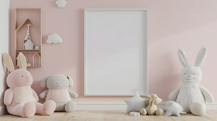 Minimalist and Cozy Children s Room with Comfortable Furnishings and Blank Frame