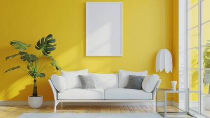 A modern interior design with a vivid yellow wall featuring a blank poster, white sofa, and a glass partition