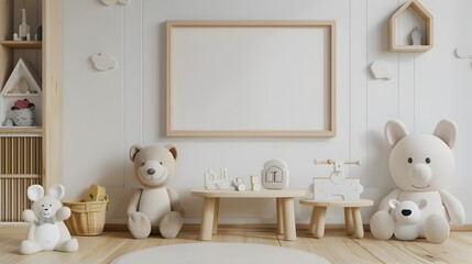 Minimalist and Cozy Kids  Room with Blank Wall Frame and Wooden Furniture