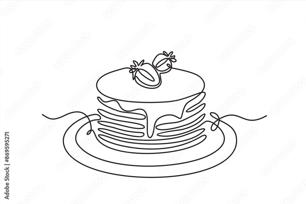 Poster continuous one line drawing of pancakes with strawberries. concept design sketch outline drawing.