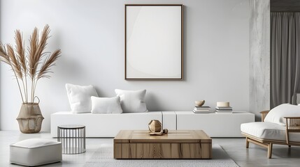 Fototapeta premium Minimalist and Cozy Teen Living Area with Functional Modern Furniture and Frame Mockup 3D Rendering