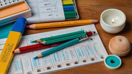 Flat lay of school essentials with medical masks