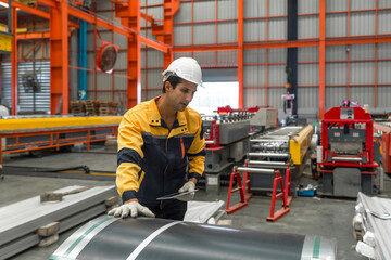 Industrial diligent worker safeguarded by a hard hat, engrossed in his duties amidst the complex...
