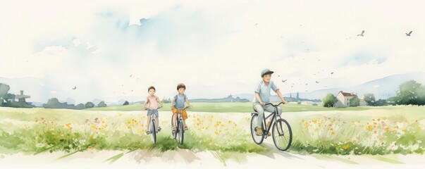 Obraz premium Family biking through countryside, minimal watercolor summer travel