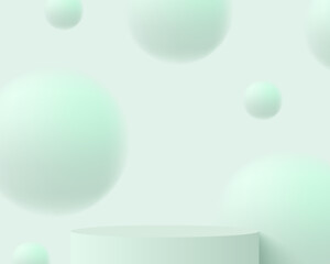 Light green realistic 3D podium with volumetric blurry balls.  Studio showroom pedestal, showcase mockup stage. 3d vector podium for product presentation.