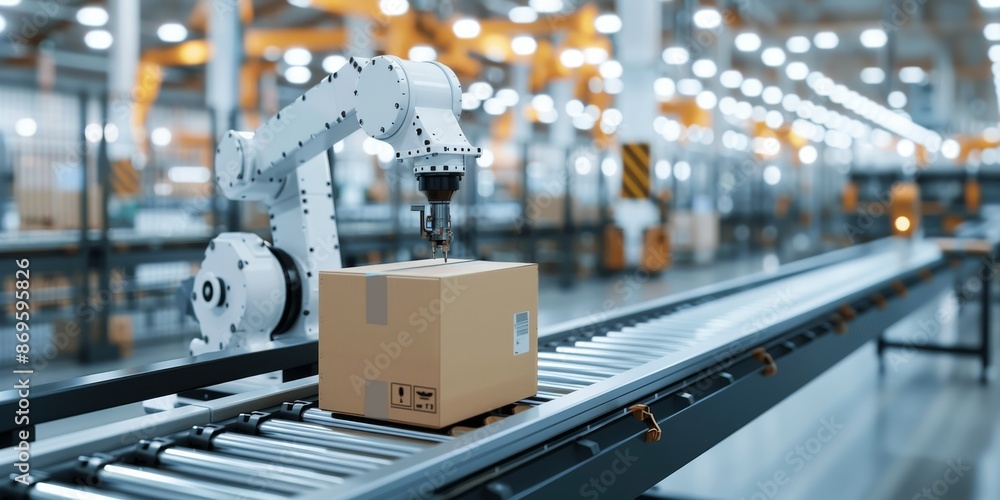 Poster robotic arm packing box in warehouse. a robotic arm precisely packing a cardboard box in a high-tech