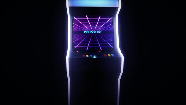 Arcade game machine transition. 3D motion graphics, animation template. Zoom in to the screen of a videogame, with a retro, neon aesthetic.With alpha matte mask on the second half, to isolate it