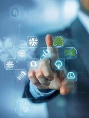 Tech-Inspired Weather Icons: A Business Hand Presents Modern Atmospheric Insights on an Interactive Touch Screen