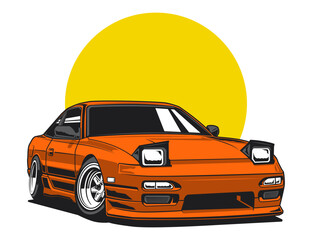 90s compact car illustration vector in orange tone design graphic