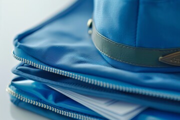Close-up of a travel document organizer and a flight attendant's hat.