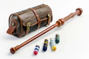 A compact sewing kit and a sturdy walking stick, perfect for travelers, rest on a clean white background. The kit's tiny scissors and threads are ready for quick repairs.