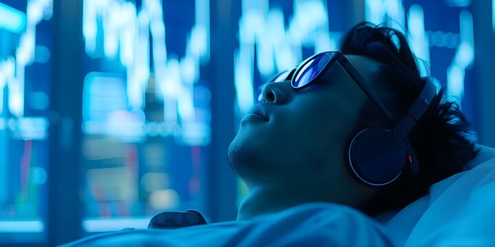 Investor unwinds with soothing music and market data visualization before bedtime. Concept Investing, Relaxation, Music, Market Data, Visualization