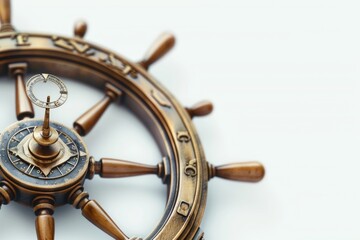 Fototapeta premium Detail of a sailor's nautical compass and a ship's wheel. Hyper realistic. Shot with canon 5d Mark III on a clear white background --ar 3:2 --style raw Job ID: de094078-aea0-4dcb-b131-f41b17162821