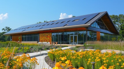 Obraz premium Modern eco-friendly building with solar panels, surrounded by flowers and lush greenery, under a clear blue sky.