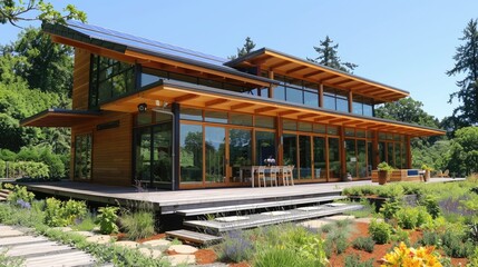 Obraz premium Modern glass and wooden house with large windows, surrounded by lush garden and greenery. Contemporary architecture in a serene environment.
