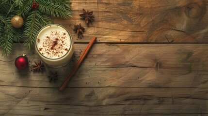 eggnog , Christmas themed, laying on a wooden table, desktop or website background 