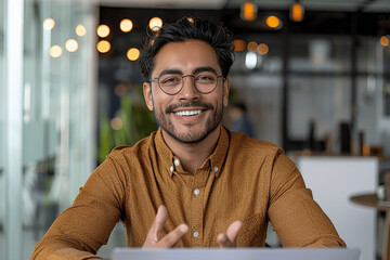 Confident latin man in casual wear and glasses sitting at desk in modern office smiling and talking to camera during video call or remote training session
