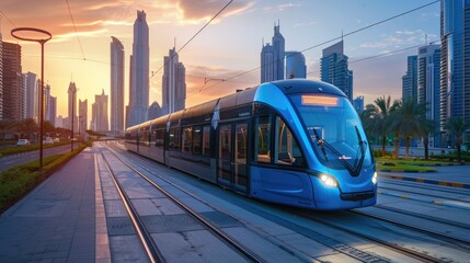 Naklejka premium Modern tram moving through the city at sunset with skyscrapers in the background, showcasing urban transportation and cityscape.