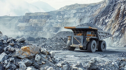 Heavy-duty dump truck operating in a remote mountainous region, emphasizing the scale and intensity of open-pit mining