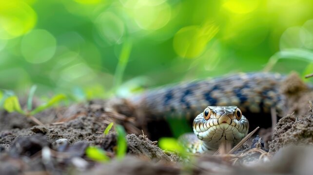 Close-up of snake in natural habitat, surrounded by green foliage