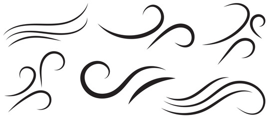 Fototapeta premium Big set of line winds. Air, wind, swirl in doodle illustration style. Vector illustration on white background