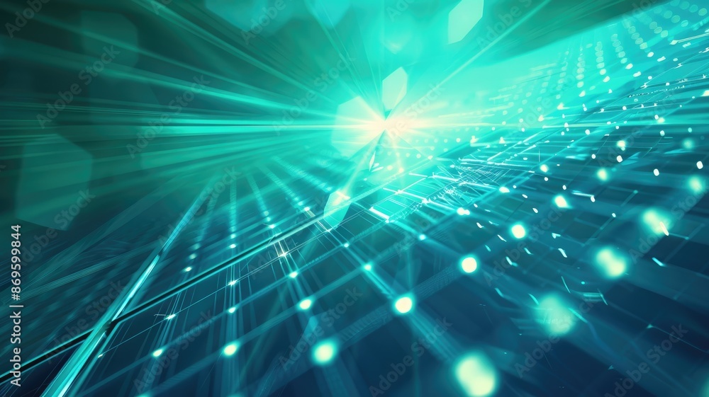 Poster abstract turquoise digital grid with glowing lights indicating data flow