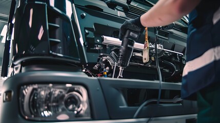Technician Performing Maintenance on an Electric Truck in a Workshop Environment