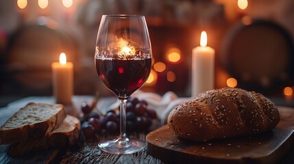 Obraz premium Glass of Red Wine, Bread, and Candles.