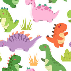 Seamless pattern with dinosaurs. Cute cartoon dinosaurs, children's print, vector.