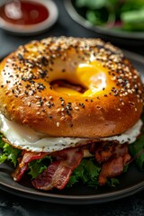 Bagel with Bacon and Eggs: A hearty breakfast bagel loaded with crispy bacon, a fried egg, and melted cheese, arranged on a dark plate.
