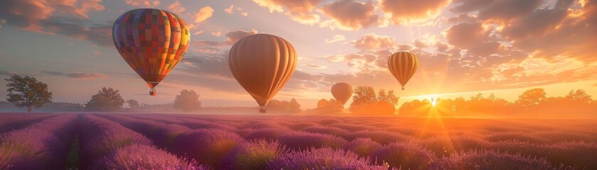Fototapeta premium Hot air balloons drifting over a lavender field at dawn with soft sunlight
