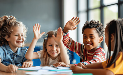 Happy Children High-Five in Classroom Celebrating Teamwork and Success in School