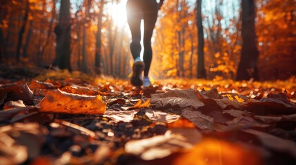 Person jogging on a forest trail covered in autumn leaves with sunlight filtering through the trees, capturing the serenity of an autumn morning.