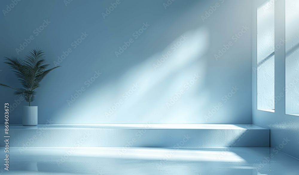 Poster abstract minimal light blue background for product display with shadows and light on plaster wall
