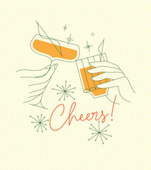 Poster clinking glasses with lettering cheers drawing with color on yellow background